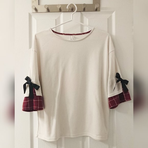 White and Red Layered Mid Sleeve Top with Ribbon Ties - 3/$25 - Picture 1 of 12